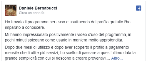 Provata la demo gratuita del programma gestionale, ho scelto di passare al profilo a pagamento data la grande semplicità dei servizi offerti.- Bernabucci