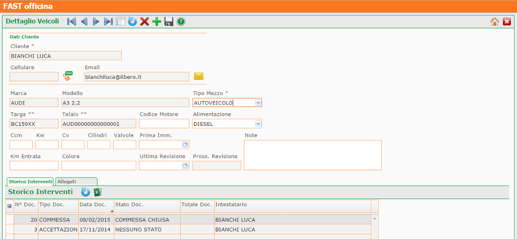 Screenshot anagrafica veicoli FAST Officina
